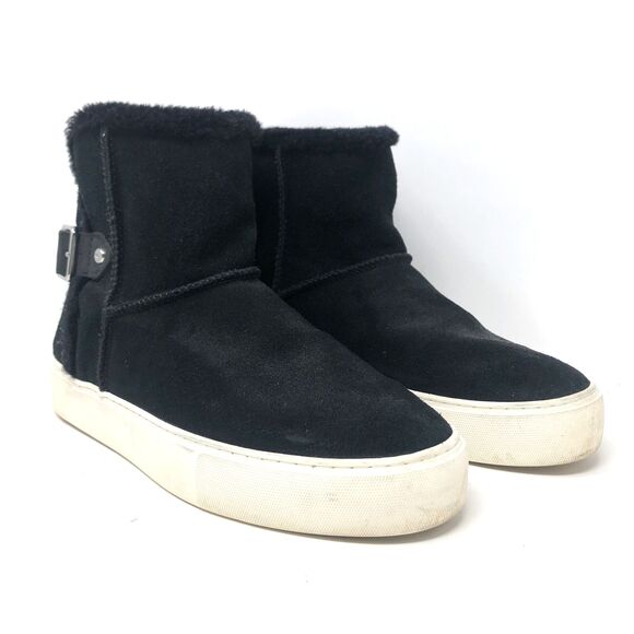 UGG Aika Ankle Boot Womens Sz 10 Buckle Black Suede Pure Sheep Wool Lining Cozy - Picture 3 of 16